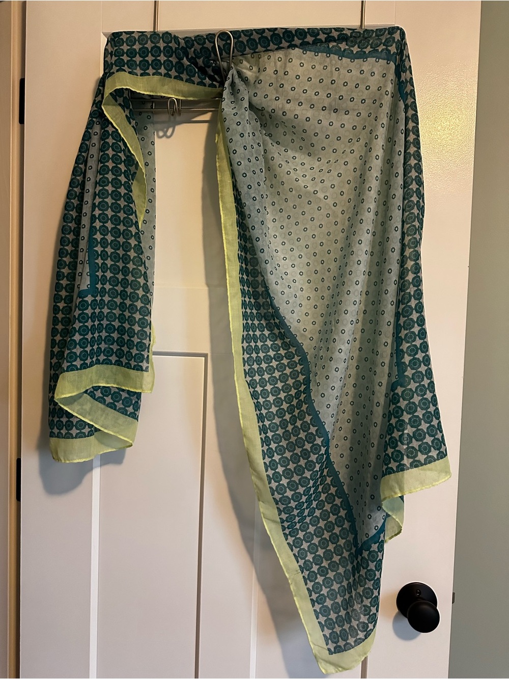 Lightweight Teal Patterned Scarf with Lime Border